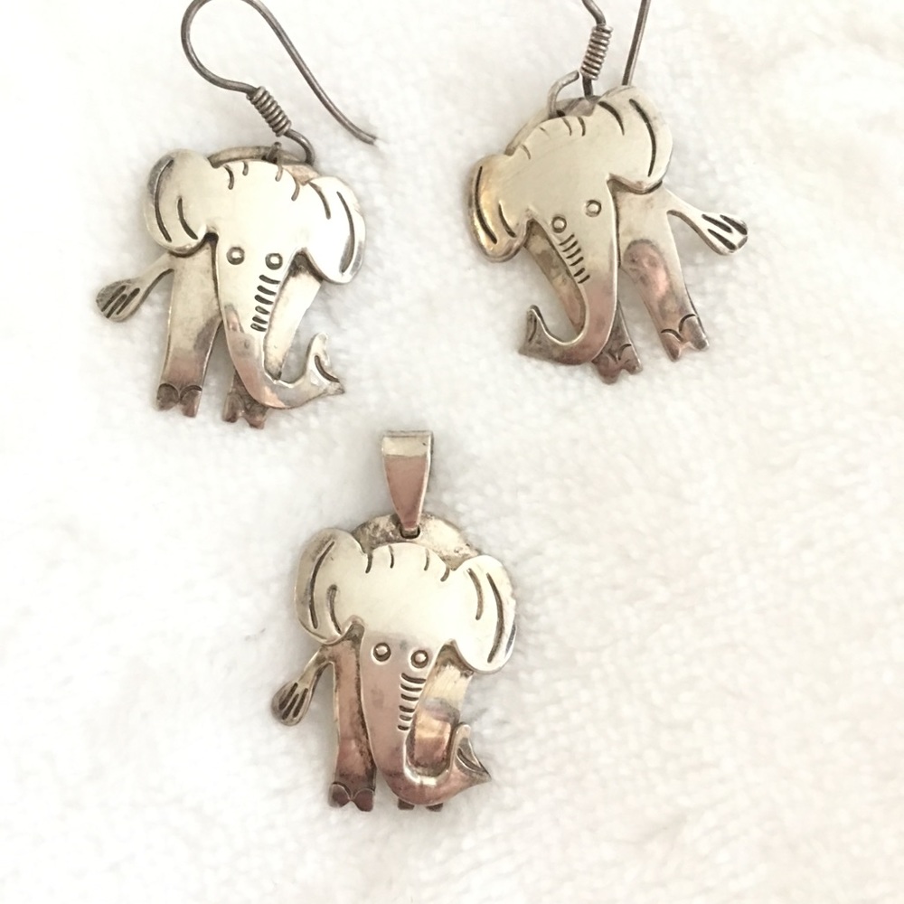Sterling Silver Earrings and Pendant Elephants